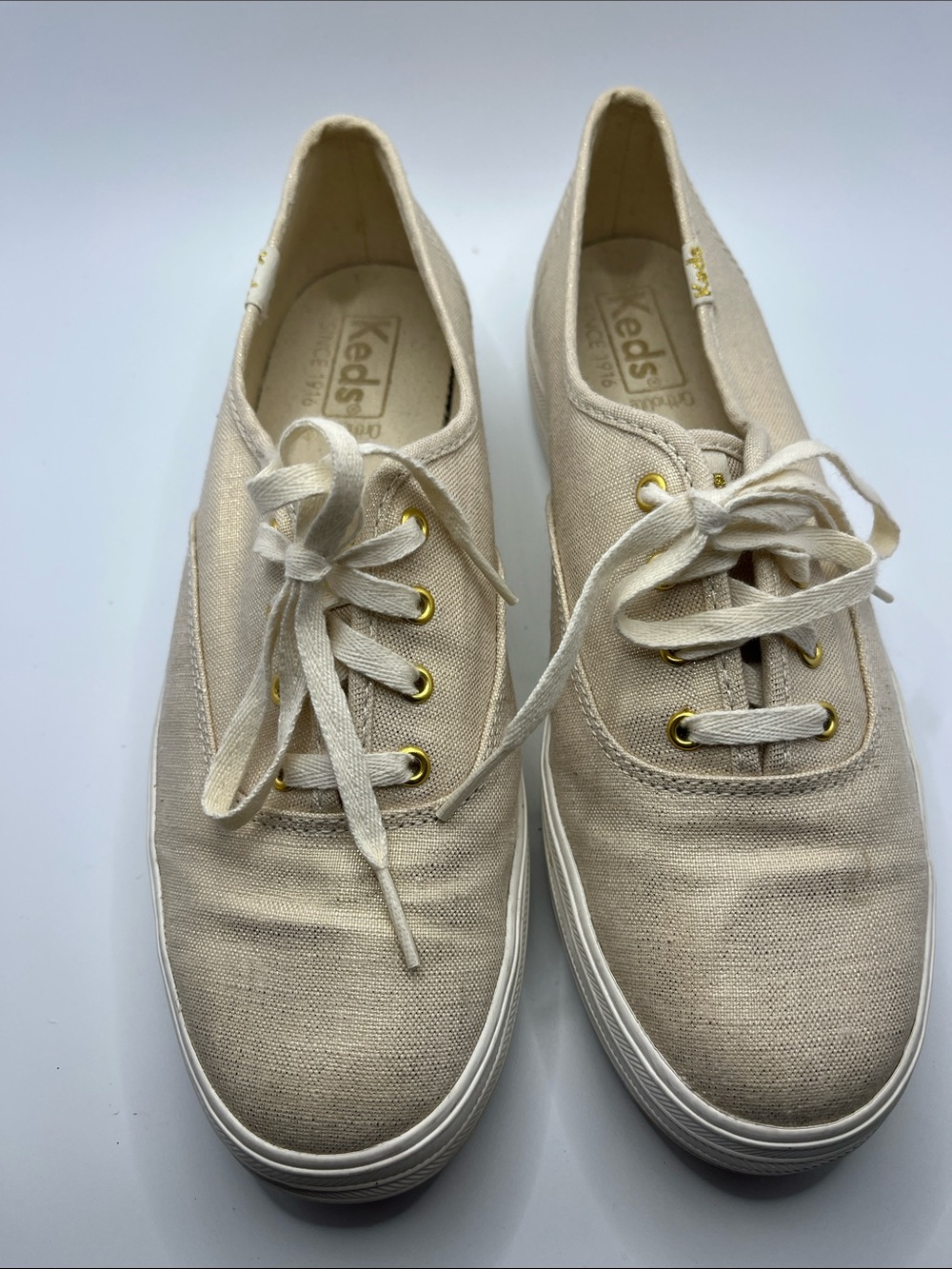 Keds Canvas Lace-Up Sneakers in Ivory with Gold Eyelets
